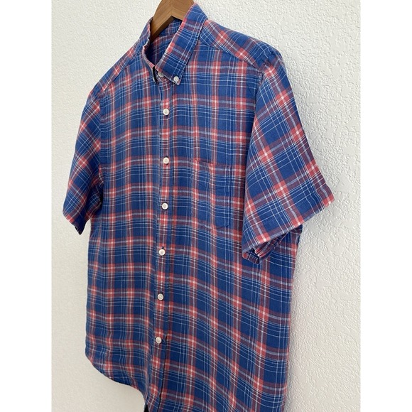 UNTUCKit Other - UNTUCKit 100% Linen Short Sleeve Preppy Casual Men's‎ Shirt Blue Pink Plaid Med